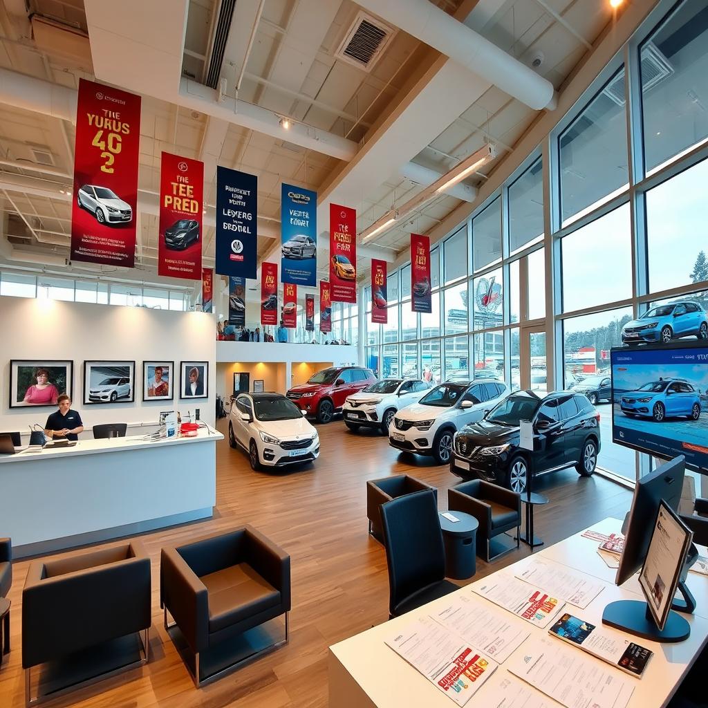 A bustling automobile concession office, featuring a modern and sleek design with large glass windows