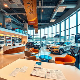 A bustling automobile concession office, featuring a modern and sleek design with large glass windows