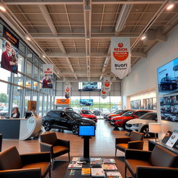 A bustling automobile concession office, featuring a modern and sleek design with large glass windows