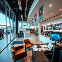 A bustling automobile concession office, featuring a modern and sleek design with large glass windows