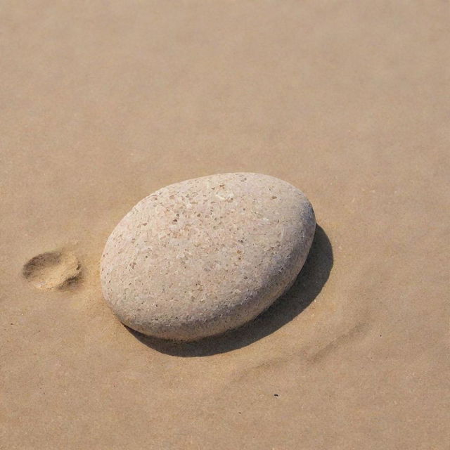 A smooth stone, speckled with grains of sand, nestled in the soft beach sands under the radiant sunshine.