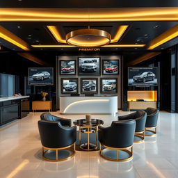 An elegant automobile concession office designed in sleek black and gold colors, presenting a luxurious atmosphere