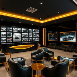 An elegant automobile concession office designed in sleek black and gold colors, presenting a luxurious atmosphere