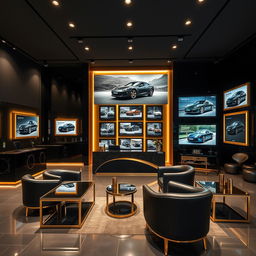 An elegant automobile concession office designed in sleek black and gold colors, presenting a luxurious atmosphere