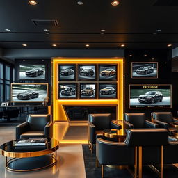 An elegant automobile concession office designed in sleek black and gold colors, presenting a luxurious atmosphere