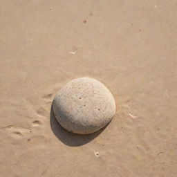 A smooth stone, speckled with grains of sand, nestled in the soft beach sands under the radiant sunshine.