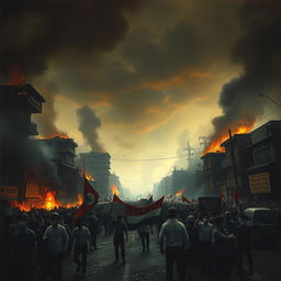 A dark and intense scene representing the May 1997 riots in Indonesia, featuring a chaotic urban landscape with burning buildings, crowds of angry protesters, and scattered debris