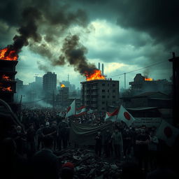 A dark and intense scene representing the May 1997 riots in Indonesia, featuring a chaotic urban landscape with burning buildings, crowds of angry protesters, and scattered debris