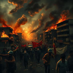 A dark and intense scene representing the May 1997 riots in Indonesia, featuring a chaotic urban landscape with burning buildings, crowds of angry protesters, and scattered debris