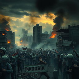 A dark and intense scene representing the May 1997 riots in Indonesia, featuring a chaotic urban landscape with burning buildings, crowds of angry protesters, and scattered debris