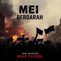 A novel cover design for 'MEI BERDARAH 1997', featuring a striking and somber visual that captures the essence of the May 1997 riots in Indonesia