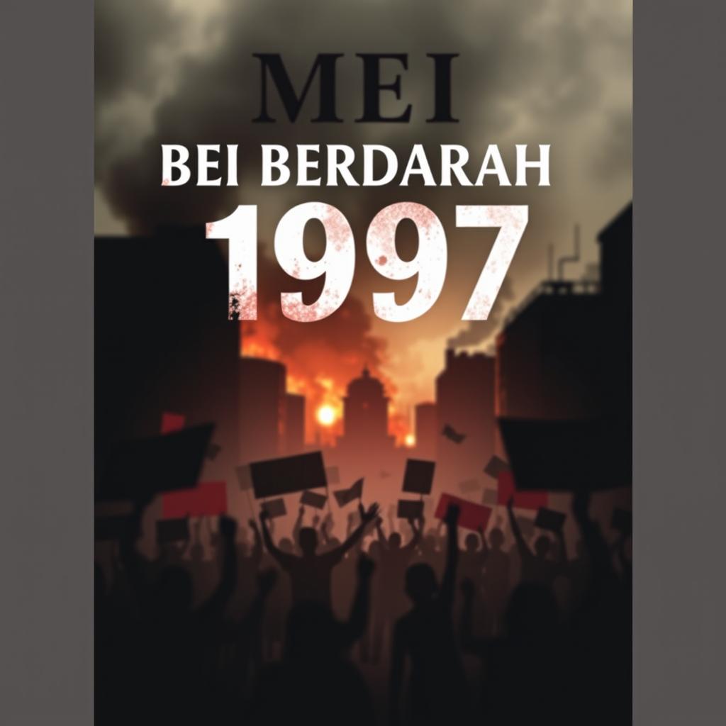 A novel cover design for 'MEI BERDARAH 1997', featuring a striking and somber visual that captures the essence of the May 1997 riots in Indonesia