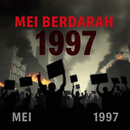 A novel cover design for 'MEI BERDARAH 1997', featuring a striking and somber visual that captures the essence of the May 1997 riots in Indonesia