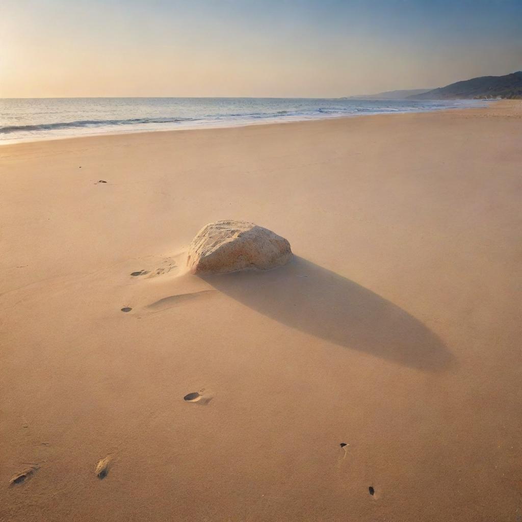 A scenic beach basking in the warm glow of sunset, a solitary stone half-buried in the shimmering sands.