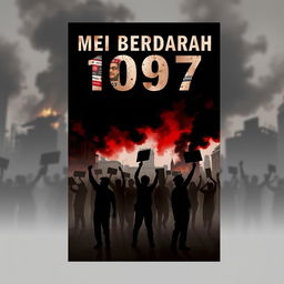 A novel cover design for 'MEI BERDARAH 1997', featuring a striking and somber visual that captures the essence of the May 1997 riots in Indonesia