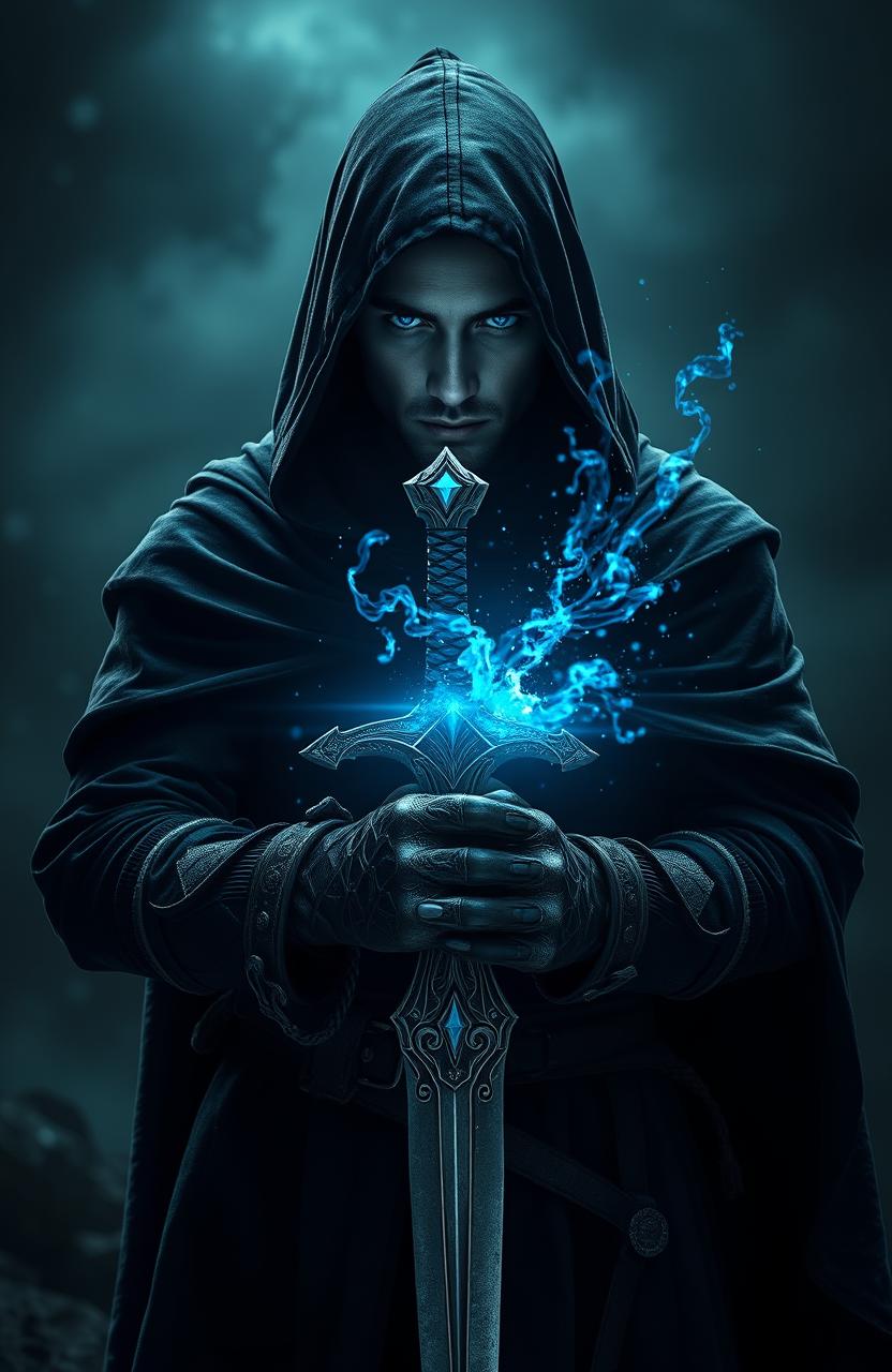 In a dark, fantastical world, a powerful warlock swordsman stands facing east, clad in a hooded black cloak that billows slightly in the wind