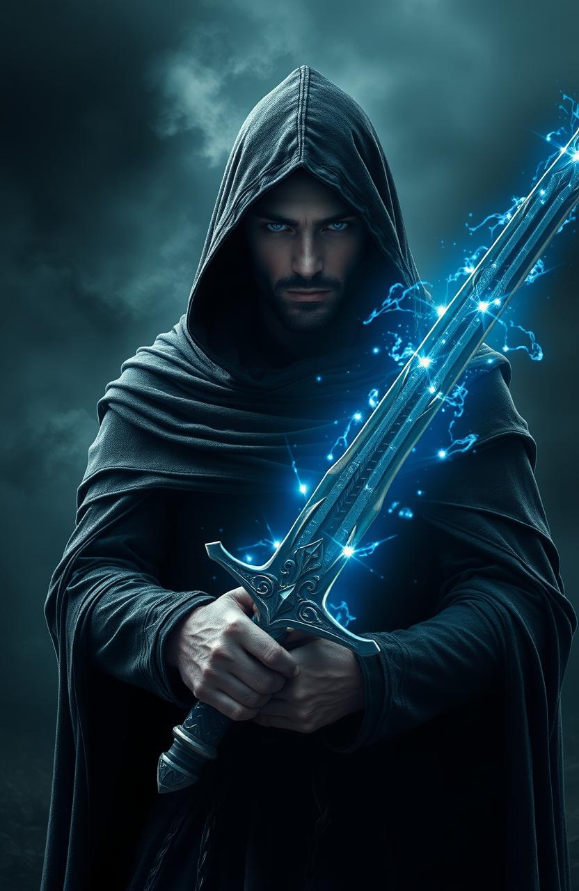 In a dark, fantastical world, a powerful warlock swordsman stands facing east, clad in a hooded black cloak that billows slightly in the wind