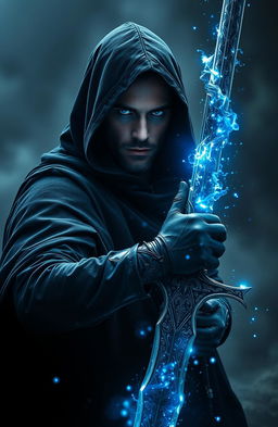 In a dark, fantastical world, a powerful warlock swordsman stands facing east, clad in a hooded black cloak that billows slightly in the wind