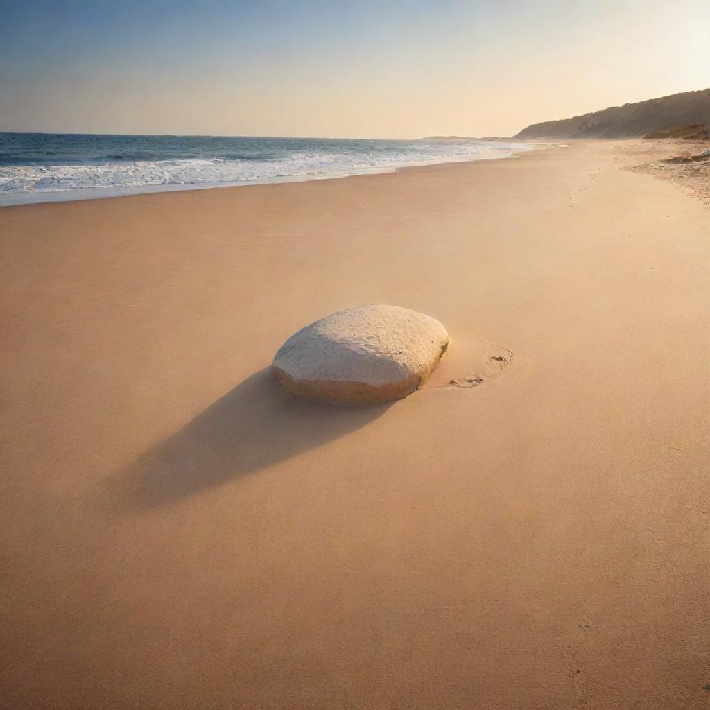 A scenic beach basking in the warm glow of sunset, a solitary stone half-buried in the shimmering sands.