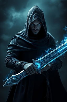 In a dark, fantastical world, a powerful warlock swordsman stands facing east, clad in a hooded black cloak that billows slightly in the wind