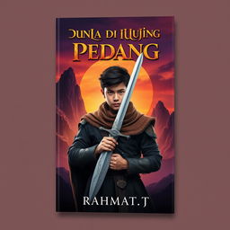 A captivating book cover design for a novel titled 'Dunia di Ujung Pedang' by Rahmat_T