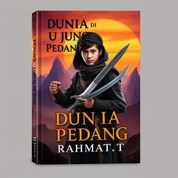 A captivating book cover design for a novel titled 'Dunia di Ujung Pedang' by Rahmat_T