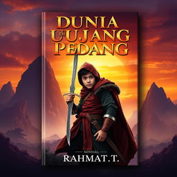 A captivating book cover design for a novel titled 'Dunia di Ujung Pedang' by Rahmat_T