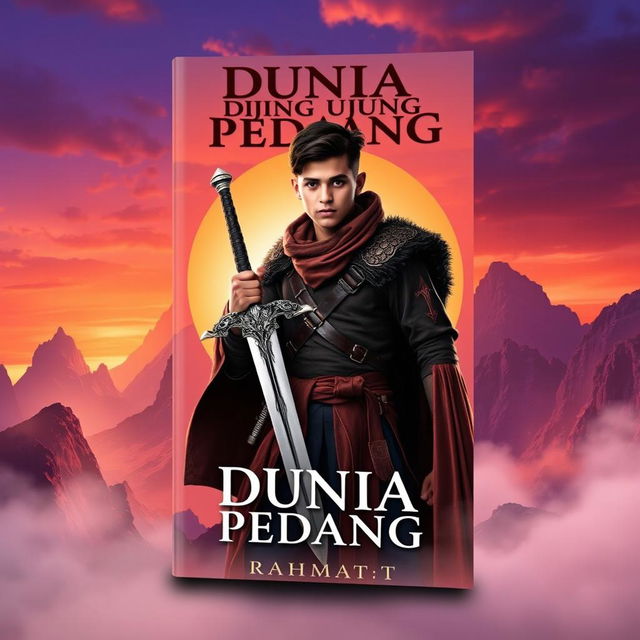 A captivating book cover design for a novel titled 'Dunia di Ujung Pedang' by Rahmat_T