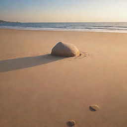 A scenic beach basking in the warm glow of sunset, a solitary stone half-buried in the shimmering sands.