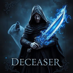 Book cover for 'DECEASER': In a dark, mystical world, a formidable warlock swordsman stands confidently facing east