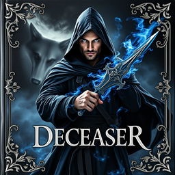 Book cover for 'DECEASER': In a dark, mystical world, a formidable warlock swordsman stands confidently facing east