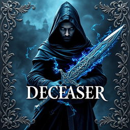 Book cover for 'DECEASER': In a dark, mystical world, a formidable warlock swordsman stands confidently facing east