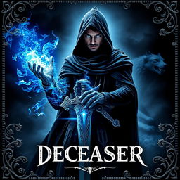 Book cover for 'DECEASER': In a dark, mystical world, a formidable warlock swordsman stands confidently facing east