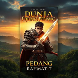 A striking book cover design for a novel titled 'Dunia di Ujung Pedang' by Rahmat_T