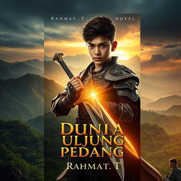 A striking book cover design for a novel titled 'Dunia di Ujung Pedang' by Rahmat_T