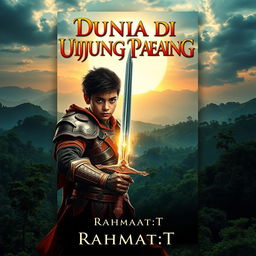 A striking book cover design for a novel titled 'Dunia di Ujung Pedang' by Rahmat_T