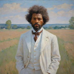 In the style of Claude Monet, depict a 20-year-old Frederick Douglass standing on a field, wearing white clothing. Paint the surrounding landscape with impressionistic strokes, the vibrant scene reflecting Douglass' youth and determination.