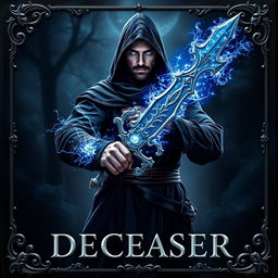 Book cover for 'DECEASER': Set in a dark, enchanting world, a robust warlock swordsman stands confidently facing east