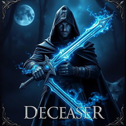 Book cover for 'DECEASER': Set in a dark, enchanting world, a robust warlock swordsman stands confidently facing east