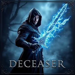 Book cover for 'DECEASER': Set in a dark, enchanting world, a robust warlock swordsman stands confidently facing east