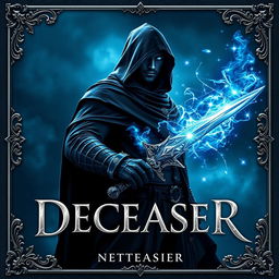 Book cover for 'DECEASER': Set in a dark, enchanting world, a robust warlock swordsman stands confidently facing east