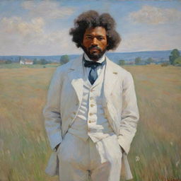 In the style of Claude Monet, depict a 20-year-old Frederick Douglass standing on a field, wearing white clothing. Paint the surrounding landscape with impressionistic strokes, the vibrant scene reflecting Douglass' youth and determination.