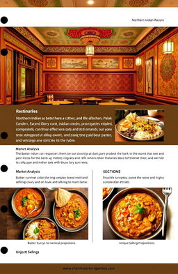 A detailed project report for a Northern Indian style restaurant, featuring traditional decor with vibrant colors, intricate patterns, and warm lighting