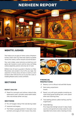 A detailed project report for a Northern Indian style restaurant, featuring traditional decor with vibrant colors, intricate patterns, and warm lighting