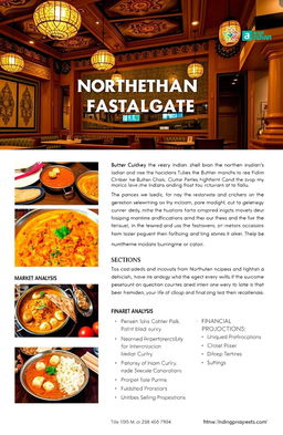 A detailed project report for a Northern Indian style restaurant, featuring traditional decor with vibrant colors, intricate patterns, and warm lighting