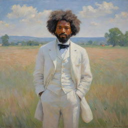 In the style of Claude Monet, depict a 20-year-old Frederick Douglass standing on a field, wearing white clothing. Paint the surrounding landscape with impressionistic strokes, the vibrant scene reflecting Douglass' youth and determination.