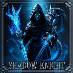 Book cover for 'SHADOW KNIGHT': Set in a dark, mystical world, a formidable warlock swordsman stands facing east, draped in a hooded black cloak