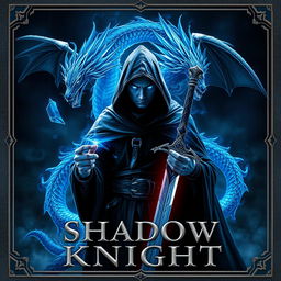 Book cover for 'SHADOW KNIGHT': Set in a dark, mystical world, a formidable warlock swordsman stands facing east, draped in a hooded black cloak