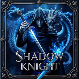 Book cover for 'SHADOW KNIGHT': Set in a dark, mystical world, a formidable warlock swordsman stands facing east, draped in a hooded black cloak