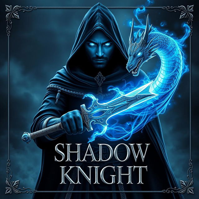 Book cover for 'SHADOW KNIGHT': Set in a dark, mystical world, a formidable warlock swordsman stands facing east, draped in a hooded black cloak